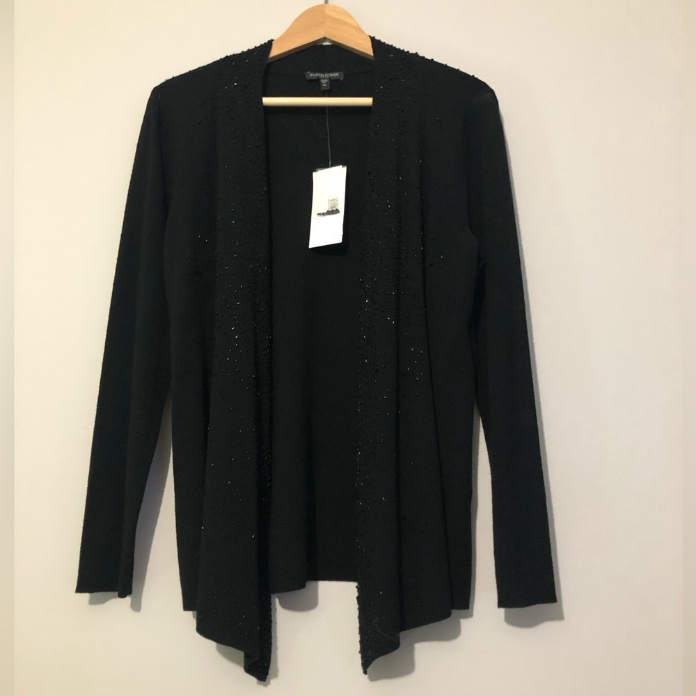NWT Eileen Fisher Beaded Fine Merino Wool Black Simple Cardigan Petite Large